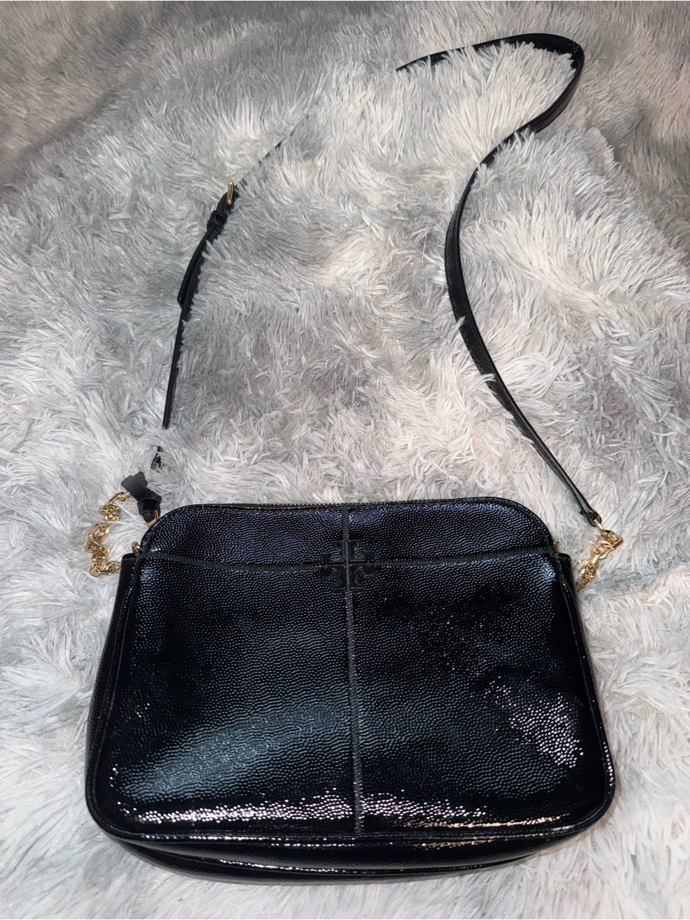 Tory Butch Black Patent Crossbody Bag with Gold Chain Accents